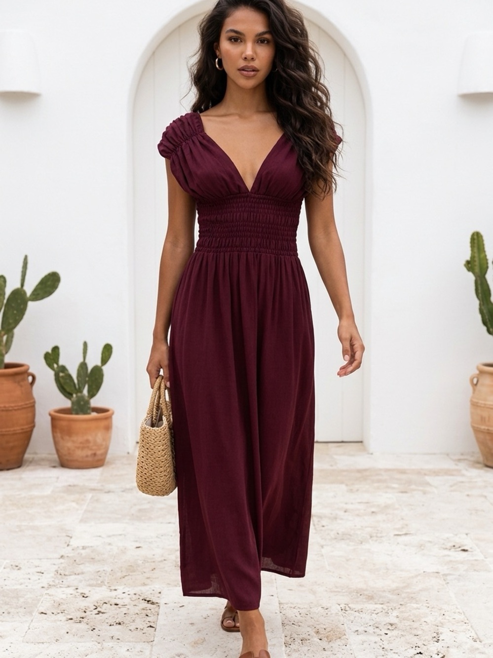 Smocked V-Neck Maxi Dress in Burgundy